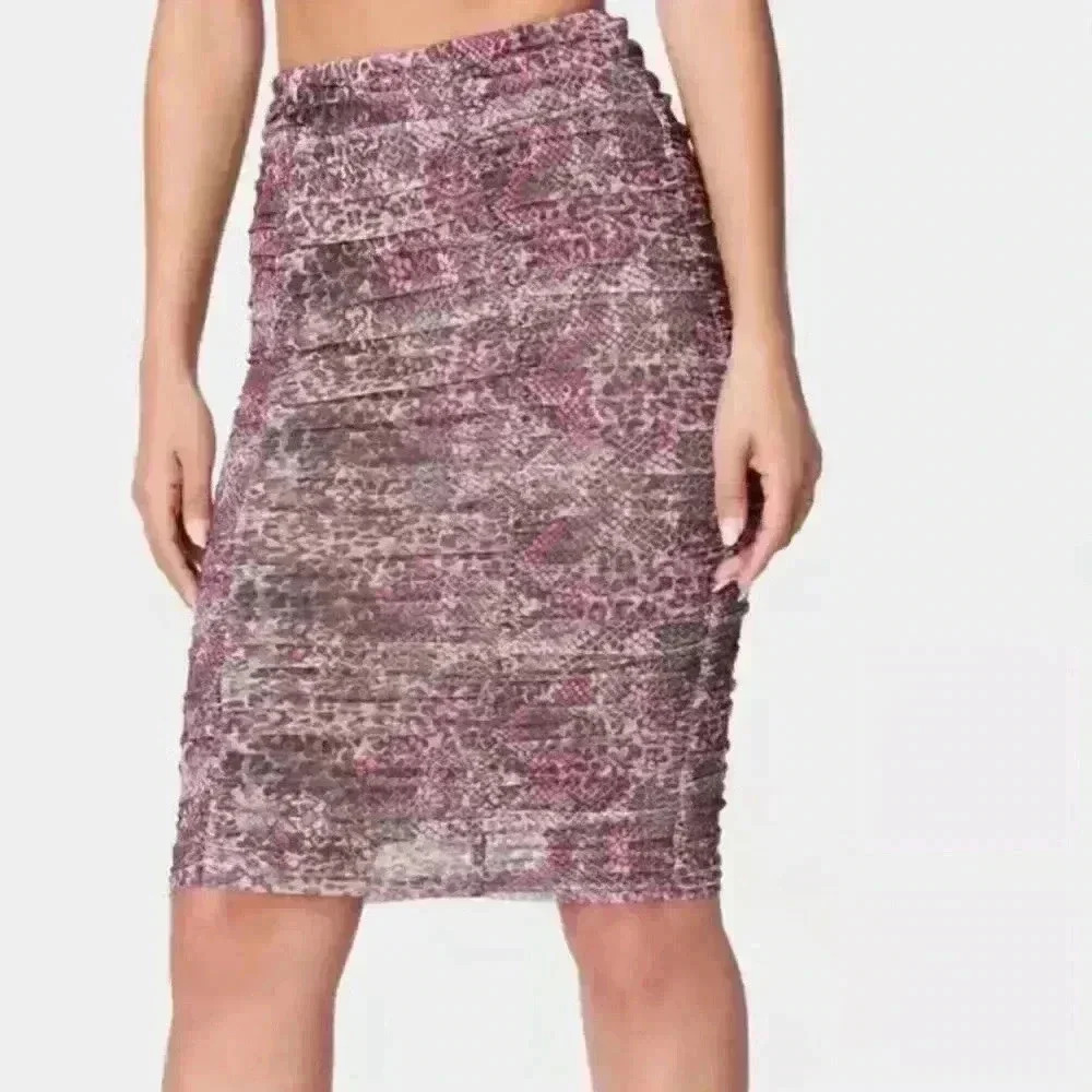 Bebe Ruched Mesh Midi Skirt, Pink Multi Snake Print, Lined, Size XL. NWT!